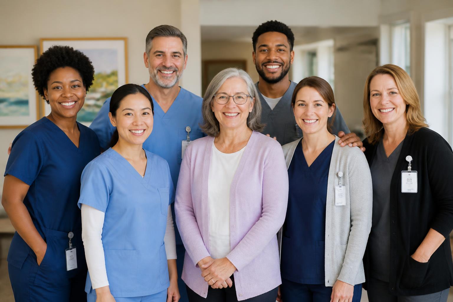 A diverse team of compassionate healthcare professionals smiling together